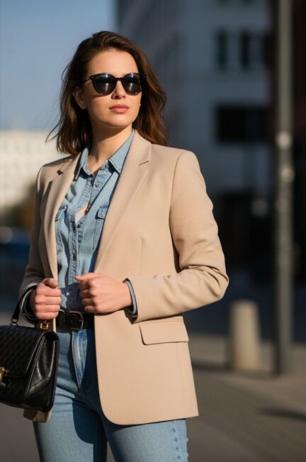 mladá žena v béžovom saku na mestskom chodníku v každodennom elegantnom štýle