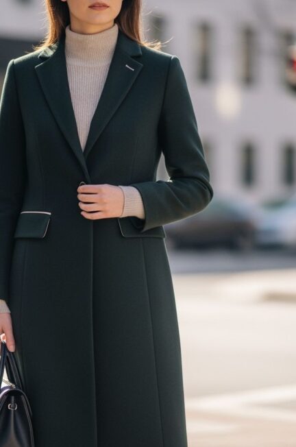 žena v modernom kabáte stojaca na mestkej ulici s rozmazaným pozadím v prirodzenom svetle