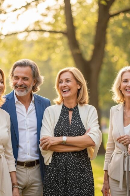 Skupina stredného veku sa stretáva vonku na 30-ročnej triednej schôdzke v parku za slnečného dňa.