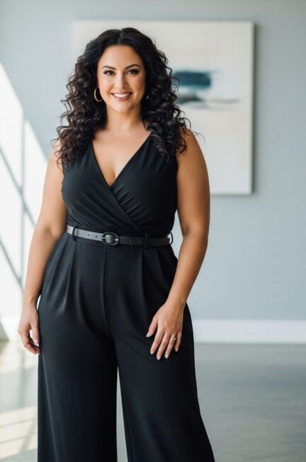 Portrét sebavedomej plus size ženy v modernom priestore v štýlovom outfite, usmieva sa do kamery.