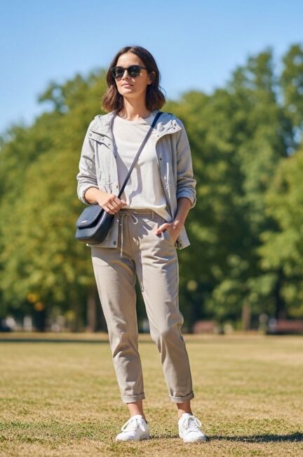 mladá žena v parku v ľahkej bunde, tričku, nohaviciach a teniskách nesie malú kabelku a má na sebe slnečné okuliare