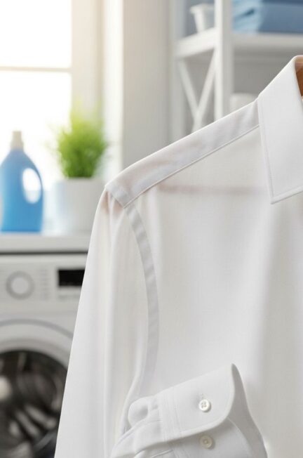biela pánska košeľa na drevenom ramienku v svetlej práčovni so strojom a detergentmi v pozadí