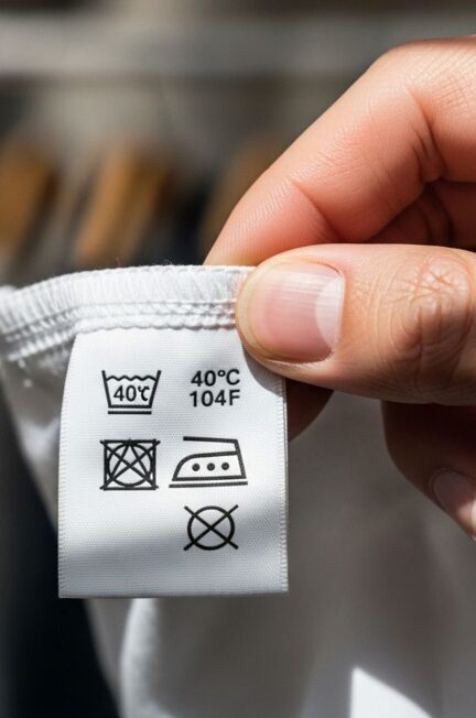 Ruka drží štítok odevu s symbolmi starostlivosti v maloobchodnom prostredí s rozmazaným pozadím