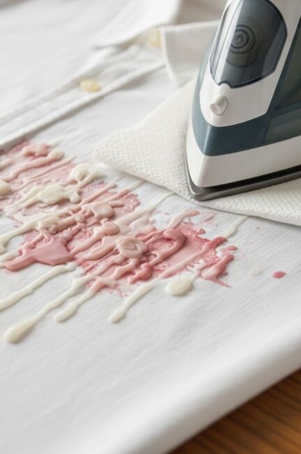 biela bavlnená košeľa s voskovými škvrnami čistená teplou žehličkou a papierovou utierkou na drevenom stole