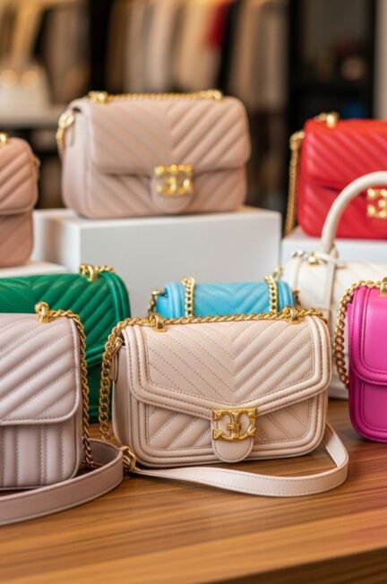 Rôzne štýlové kabelky na drevenom stole v módnom butiku v dennom svetle.