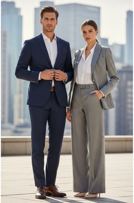 Muž a žena v moderných oblekoch stoja v elegantnom mestskom prostredí za denného svetla.