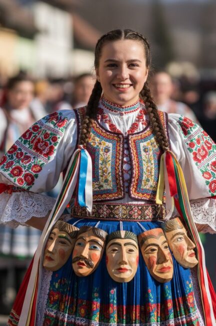 Mladá žena v tradičnom slovenskom kroji s rukodielnymi maskami na opasku počas fašiangov.